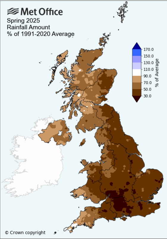 Rainfall totals for spring 2025 in the UK